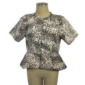 BCBG MAXAZRIA Davie Short Sleeve Peplum Snap Front Jacket Leopard Print Blouse S